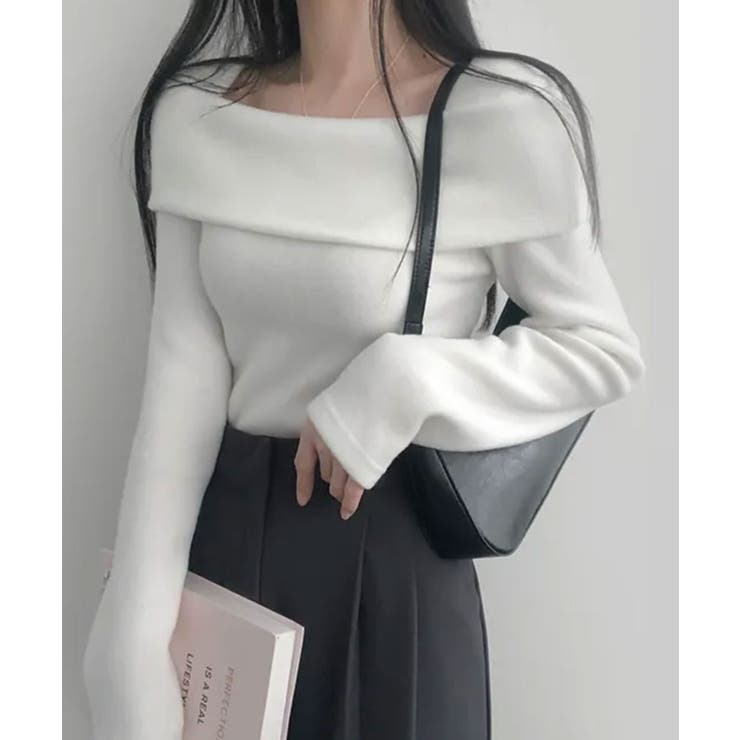 アイボリー | 折り返しワイドネック オフショル風 起毛 ロンT 長袖 | VIVID LADY