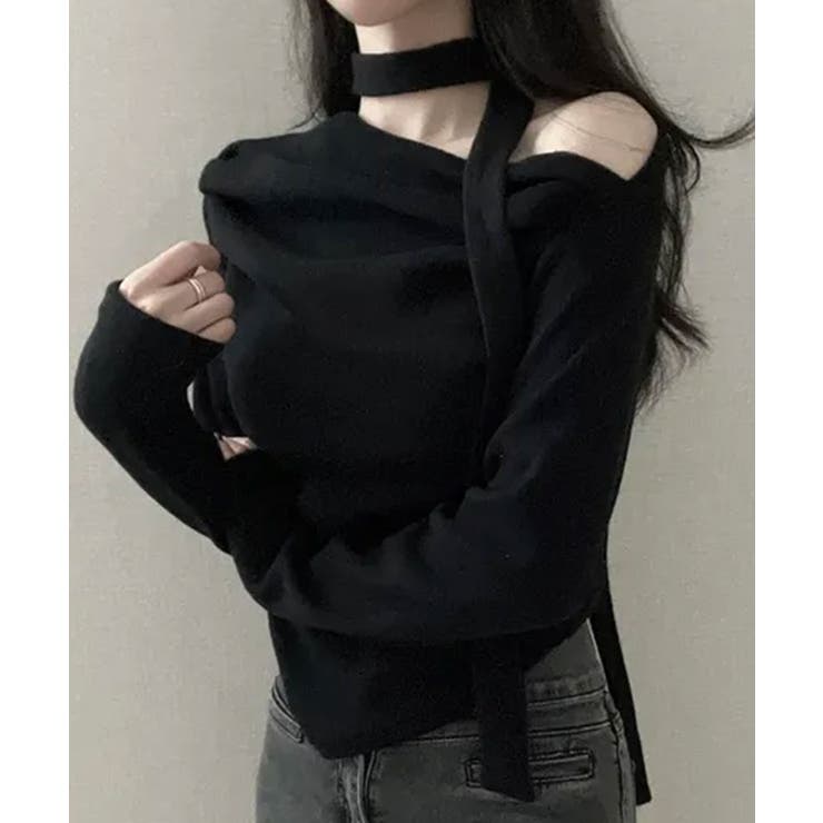 ブラック | チョーカー付き ドレープワンショルダートップス | VIVID LADY