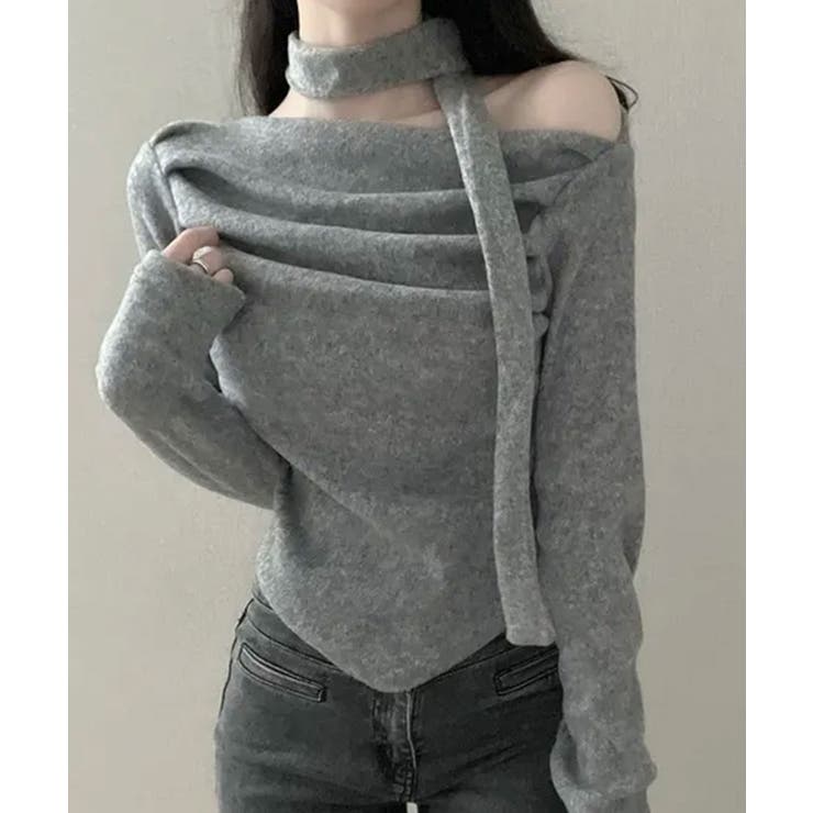 グレー | チョーカー付き ドレープワンショルダートップス | VIVID LADY