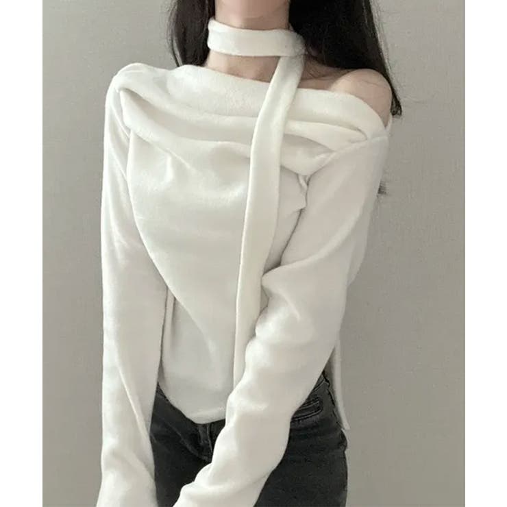 アイボリー | チョーカー付き ドレープワンショルダートップス | VIVID LADY