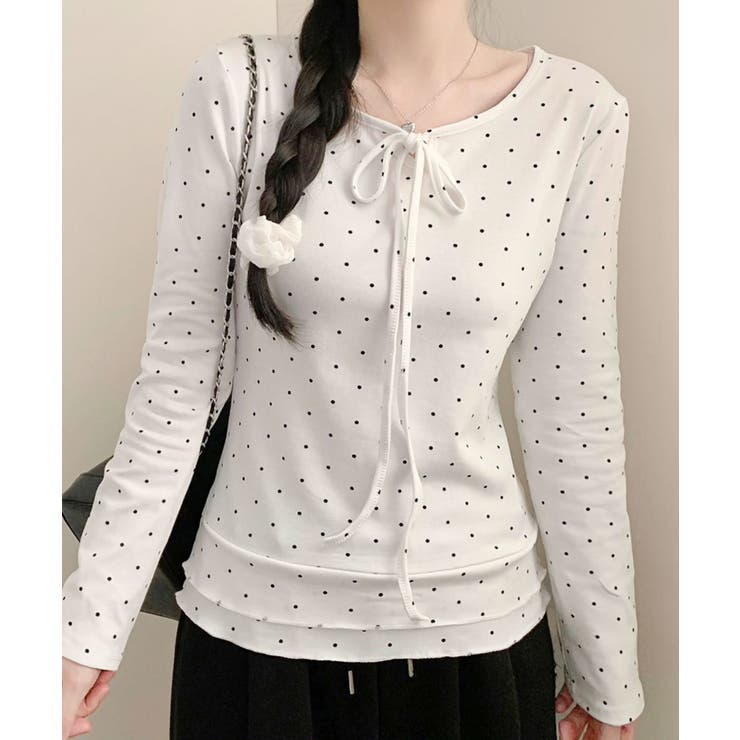 ホワイト | ドット柄 リボン Tシャツ ロンT | VIVID LADY