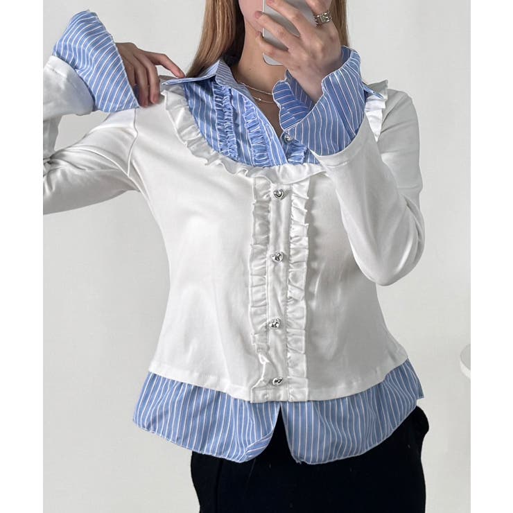 アイボリー | ストライプシャツドッキング フリルTシャツ | VIVID LADY