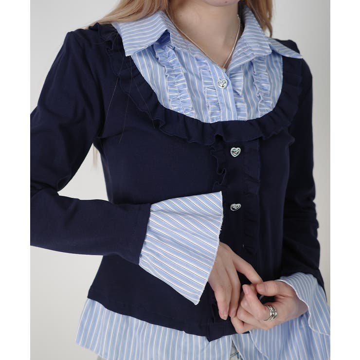 ネイビー | ストライプシャツドッキング フリルTシャツ | VIVID LADY