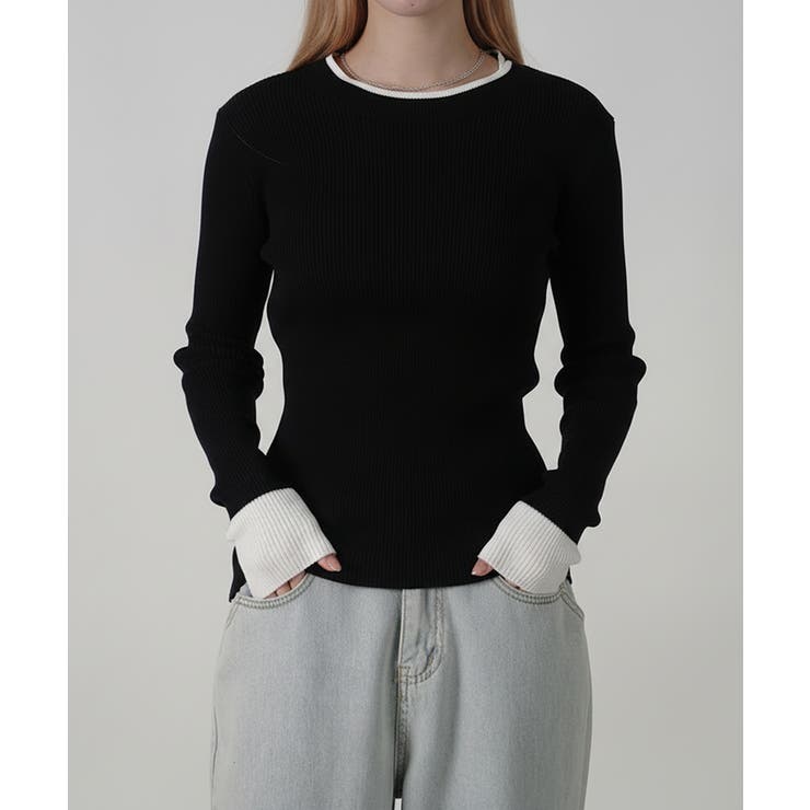 ブラック | 配色リブクルーネックニットプルオーバー | VIVID LADY