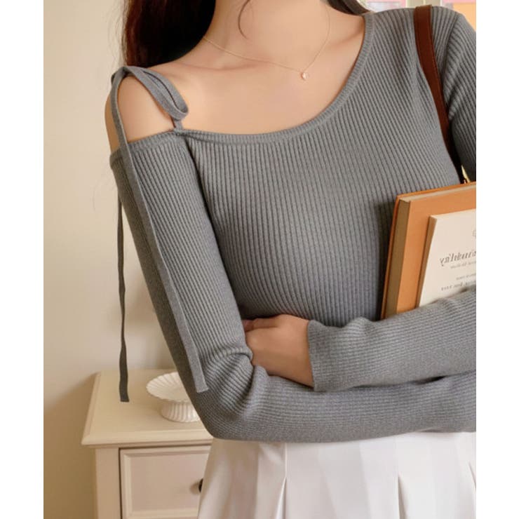 グレー | ワンショルダーリブニットトップス | VIVID LADY