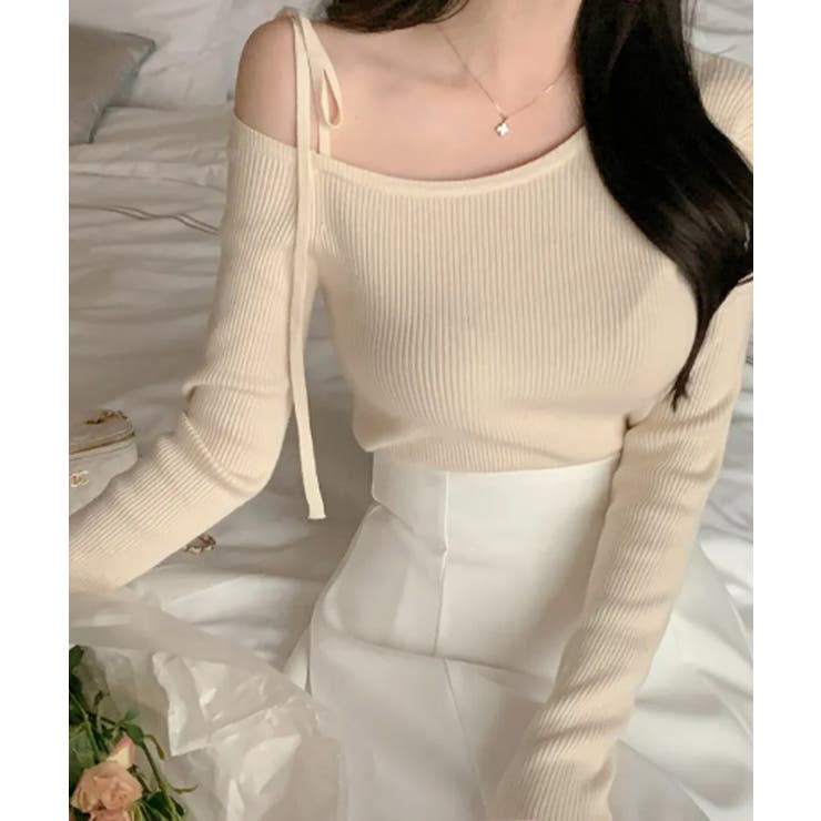 アイボリー | ワンショルダーリブニットトップス | VIVID LADY