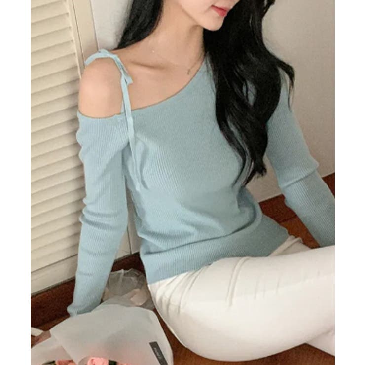 ライトブルー | ワンショルダーリブニットトップス | VIVID LADY