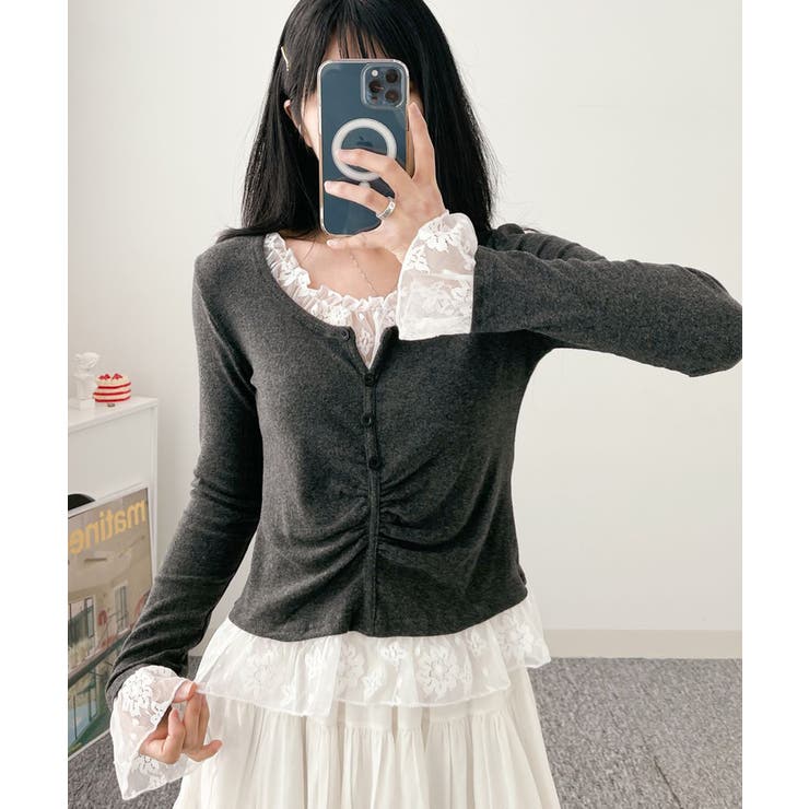 チャコールグレー | レースドッキング トップスプルオーバー | VIVID LADY