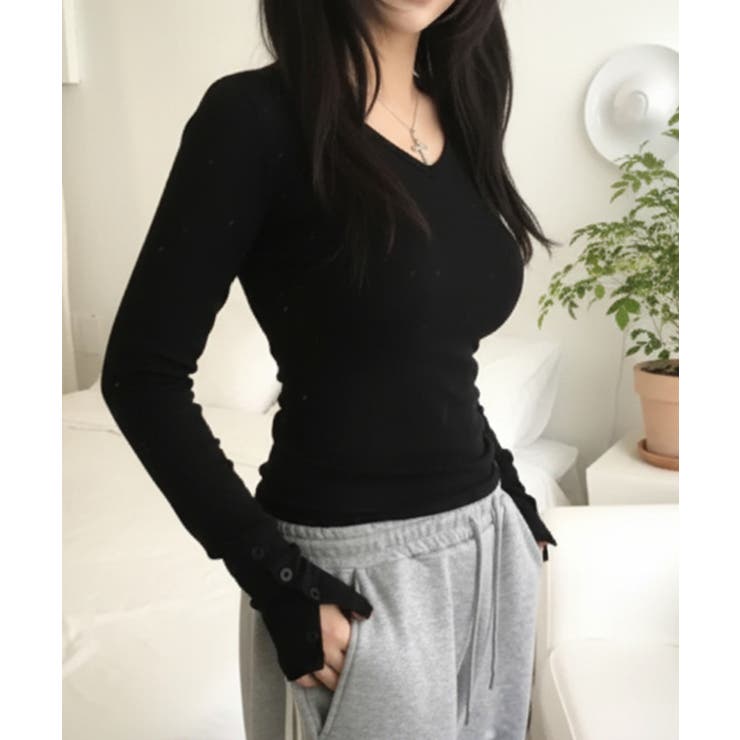 ブラック | Vネック ロングスリーブタイトTシャツ | VIVID LADY