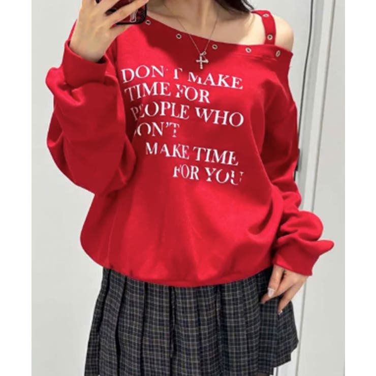 レッド | ワンショルダーアイレットスウェットトップス | VIVID LADY