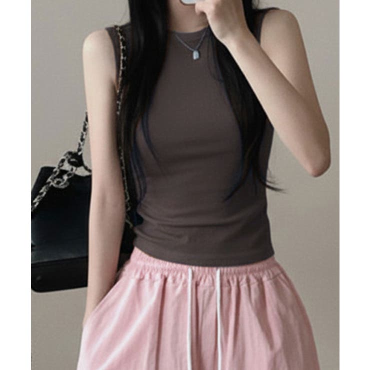 ダークブラウン | ベーシッククルーネック タンクトップ ノースリーブトップス | VIVID LADY