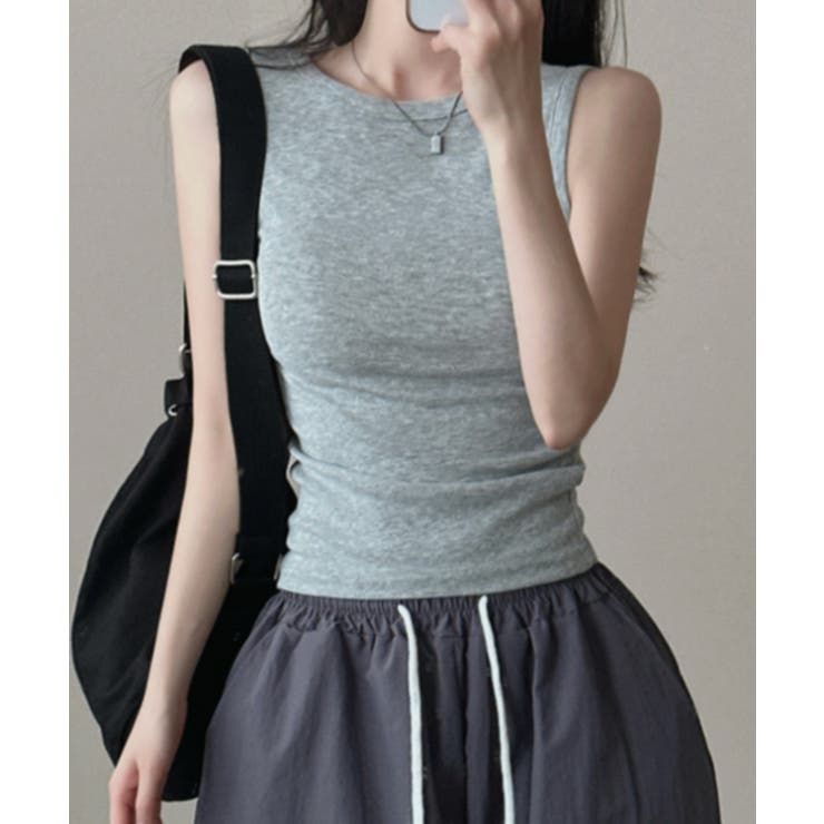 グレー | ベーシッククルーネック タンクトップ ノースリーブトップス | VIVID LADY