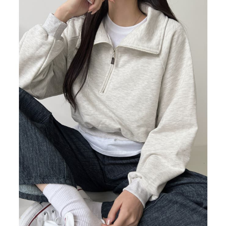 ライトベージュ | ハーフジップ ショート丈 スウェットプルオーバー | VIVID LADY