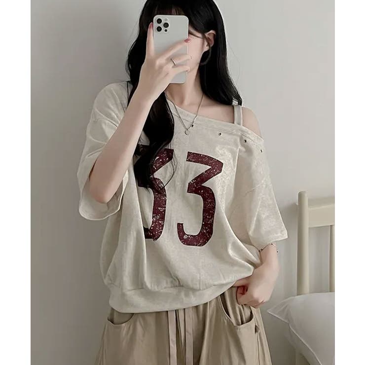 ✨美品✨ Ameri VINTAGE アシンメトリー ワンショルダー シャツ アシンメトリーネック ナンバープリント ワンショルダートップス[品番