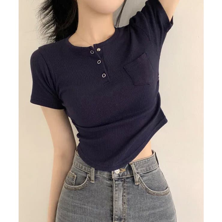 ネイビー | スナップボタン スリムフィット半袖Tシャツ | VIVID LADY