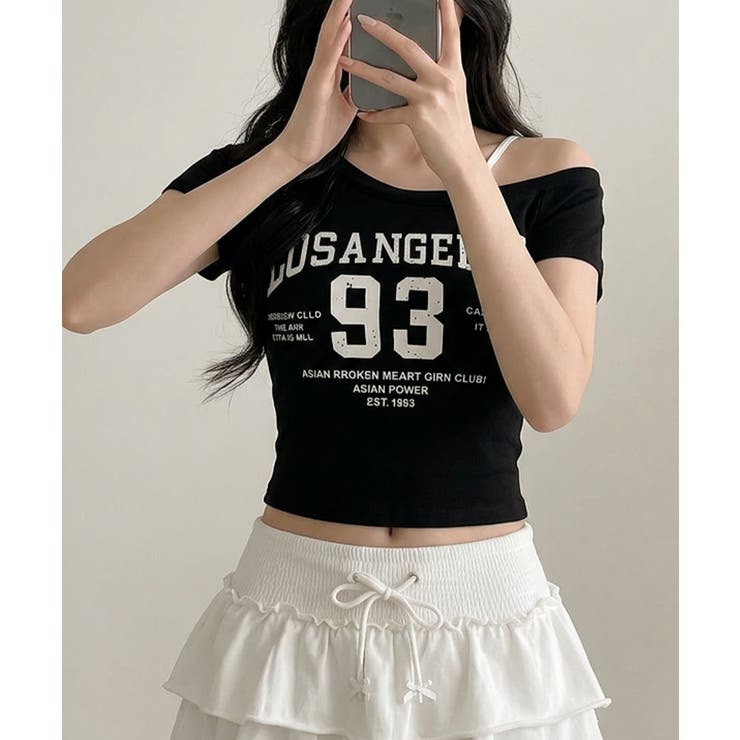ブラック | カップイン ワンショルダーナンバリング半袖Ｔシャツ | VIVID LADY