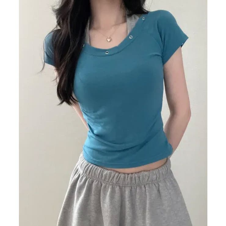 ブルー | ハトメホルター レイヤード風 半袖トップス | VIVID LADY