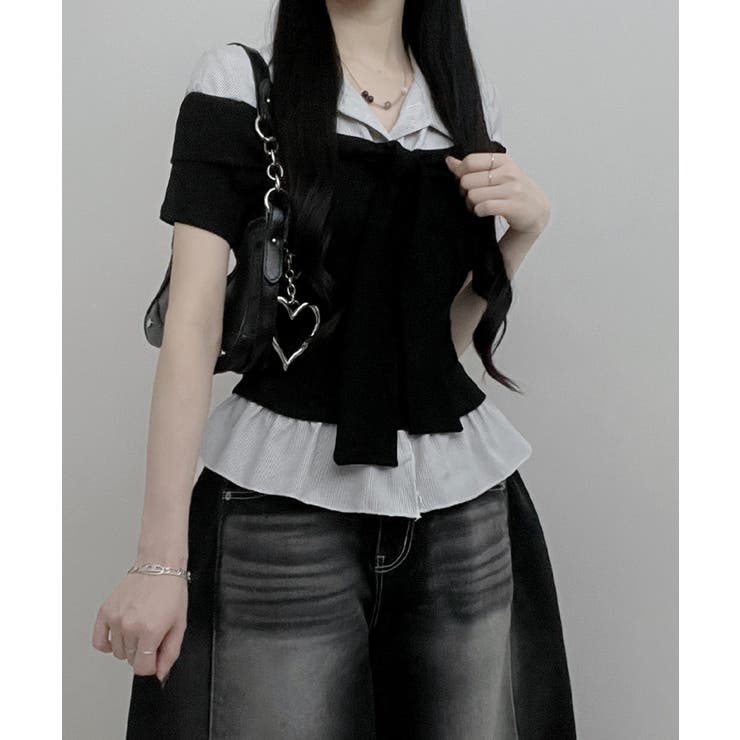 ストライプシャツドッキング オフショルダー風 半袖トップス | VIVID LADY | 詳細画像7 