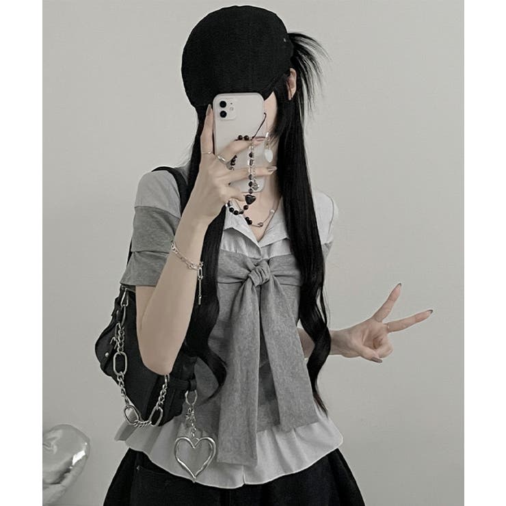 ストライプシャツドッキング オフショルダー風 半袖トップス | VIVID LADY | 詳細画像11 