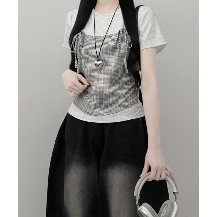 チェックキャミトップレイヤード風 半袖Tシャツ | VIVID LADY | 詳細画像2 
