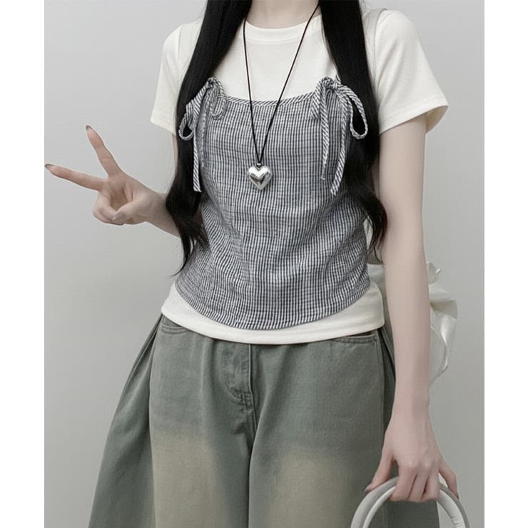 チェックキャミトップレイヤード風 半袖Tシャツ | VIVID LADY | 詳細画像10 