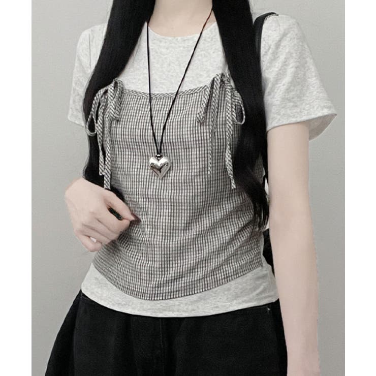 グレー | チェックキャミトップレイヤード風 半袖Tシャツ | VIVID LADY