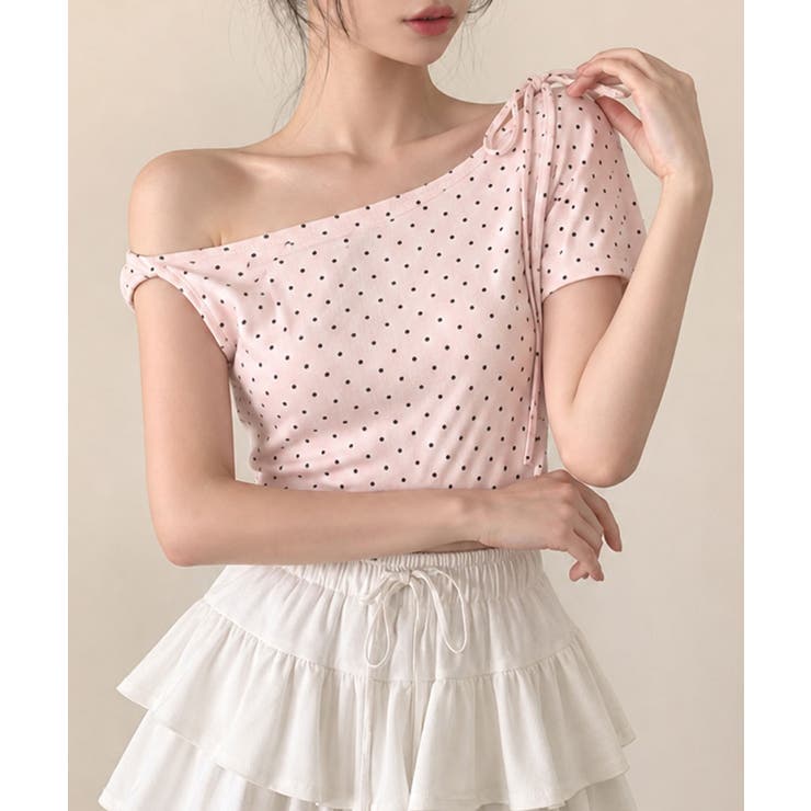 ピンク | ドットリボン ワンショルダー 半袖Tシャツ | VIVID LADY