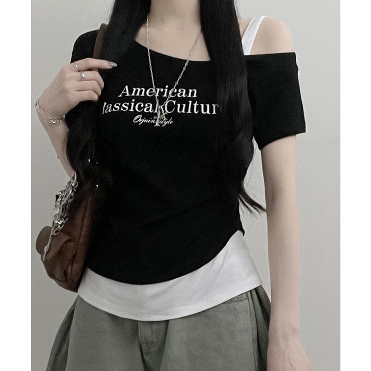 ブラック | アシメレイヤードワンショルダー 半袖Tシャツ | VIVID LADY