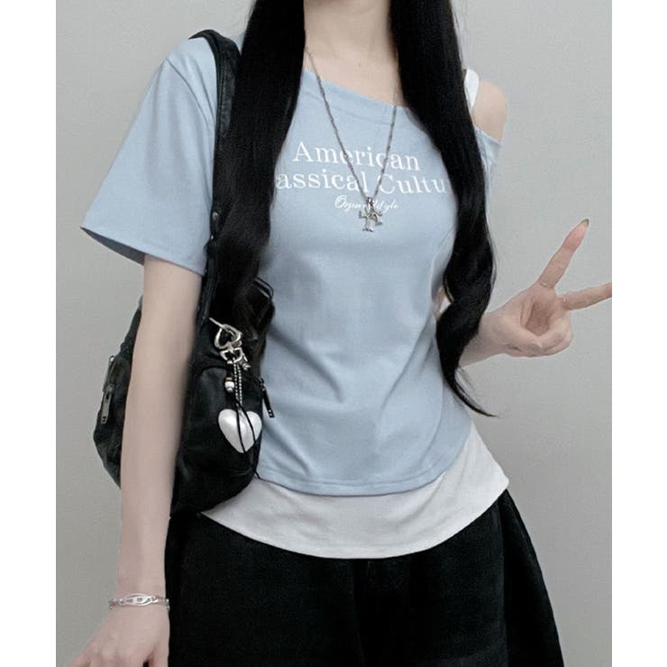 ライトブルー | アシメレイヤードワンショルダー 半袖Tシャツ | VIVID LADY