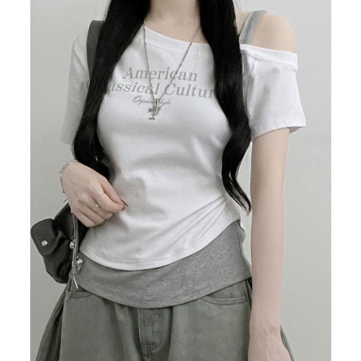 ホワイト | アシメレイヤードワンショルダー 半袖Tシャツ | VIVID LADY