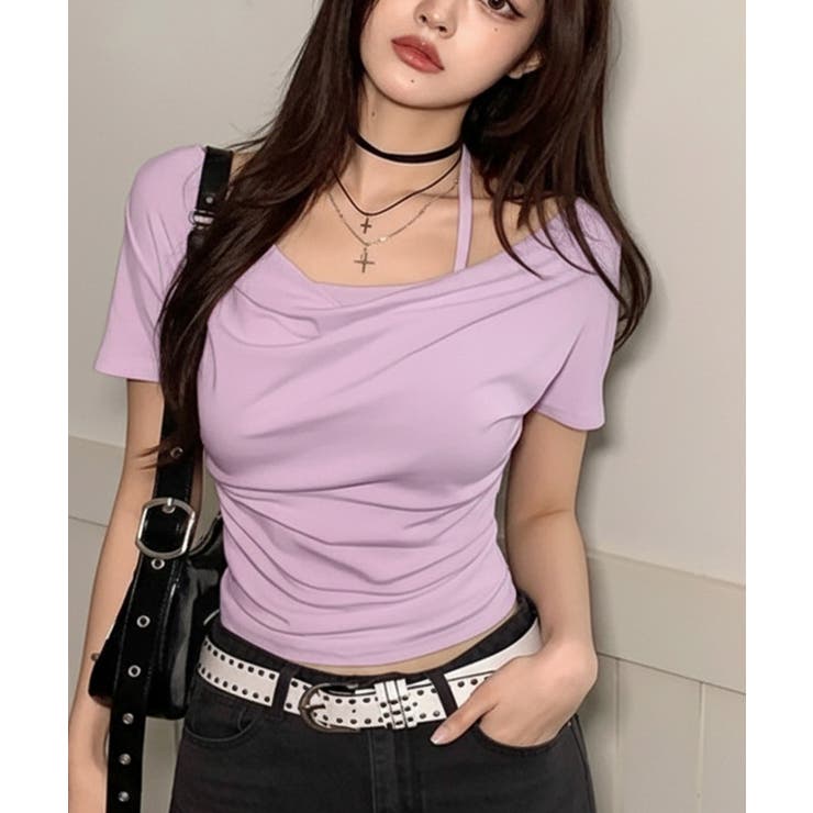 パープル | ホルターネックドッキング ドレープ半袖Tシャツ | VIVID LADY