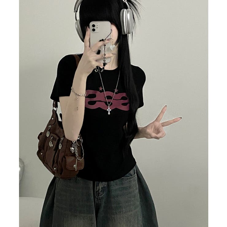 ブラック | Y2Kロゴプリント半袖Tシャツ | VIVID LADY