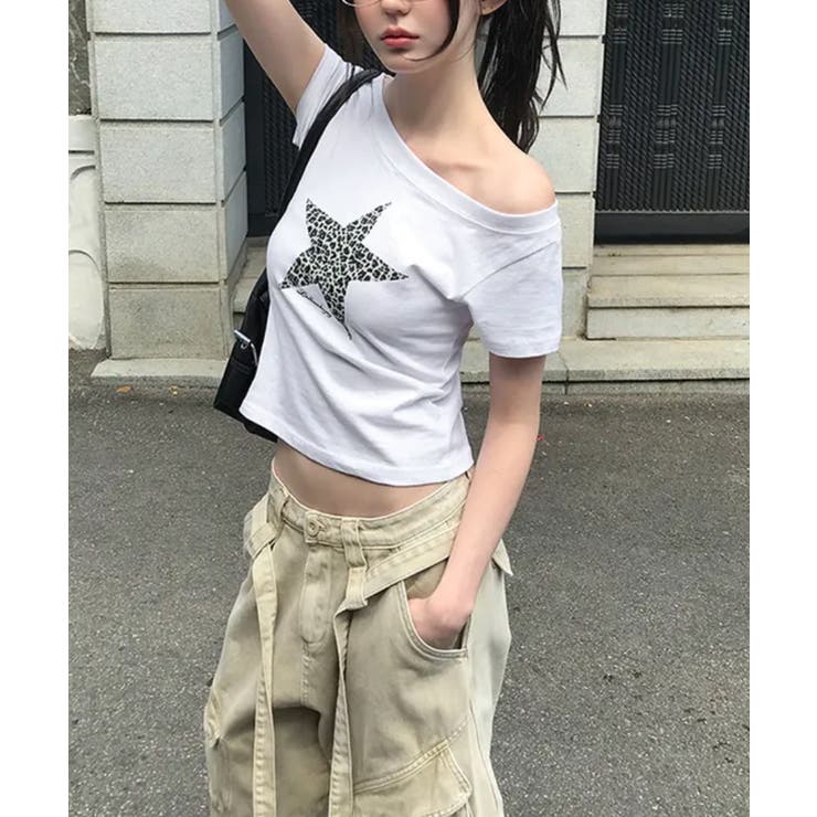 レオパードスタープリントワンショルダー半袖Tシャツ | VIVID LADY | 詳細画像5 
