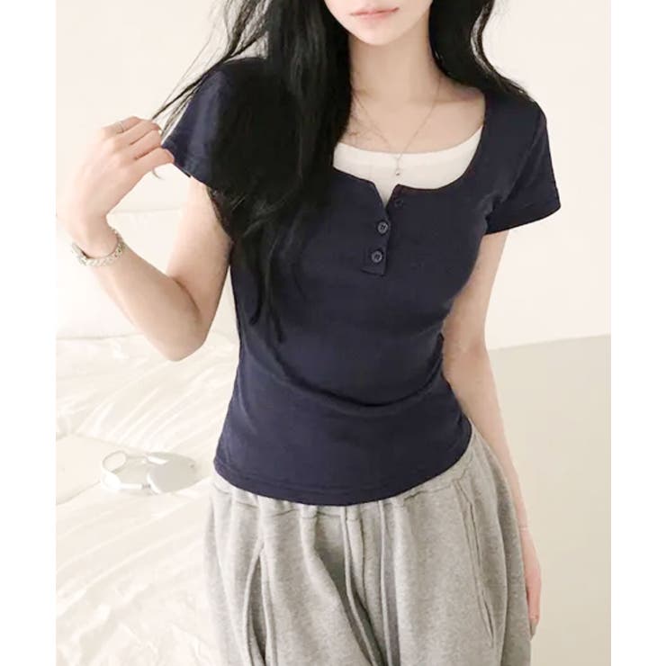 レイヤード風 ヘンリーネック 半袖Ｔシャツ | VIVID LADY | 詳細画像1 