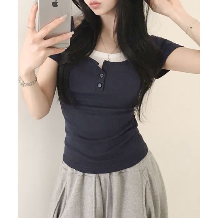 レイヤード風 ヘンリーネック 半袖Ｔシャツ | VIVID LADY | 詳細画像2 