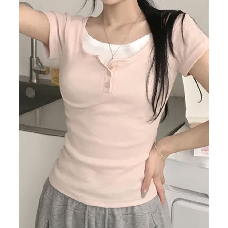 ピンク | レイヤード風 ヘンリーネック 半袖Ｔシャツ | VIVID LADY