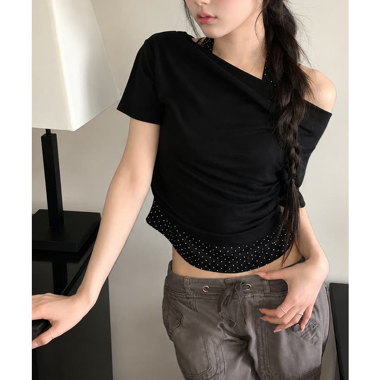 ブラック | ドットホルターネックドッキング 半袖トップス | VIVID LADY