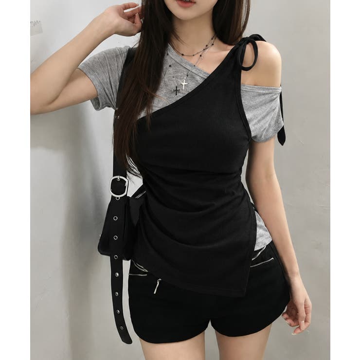 ブラック | アシンメトリーレイヤードドッキング 半袖トップス | VIVID LADY