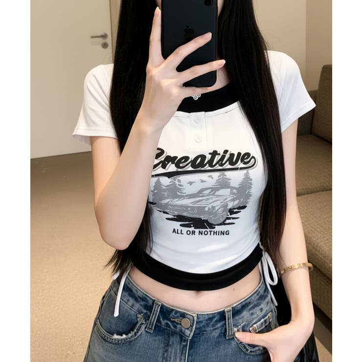 レイヤード風 ドロスト クロップド 半袖Tシャツ | VIVID LADY | 詳細画像2 