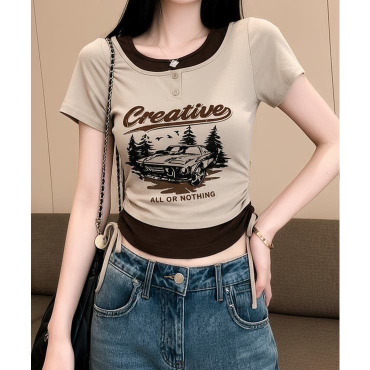 レイヤード風 ドロスト クロップド 半袖Tシャツ | VIVID LADY | 詳細画像5 