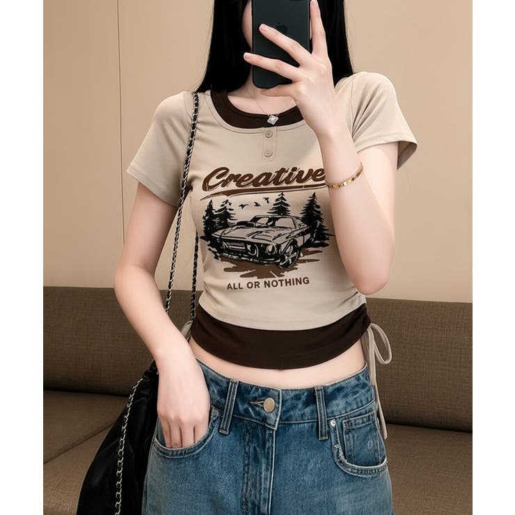 レイヤード風 ドロスト クロップド 半袖Tシャツ | VIVID LADY | 詳細画像7 