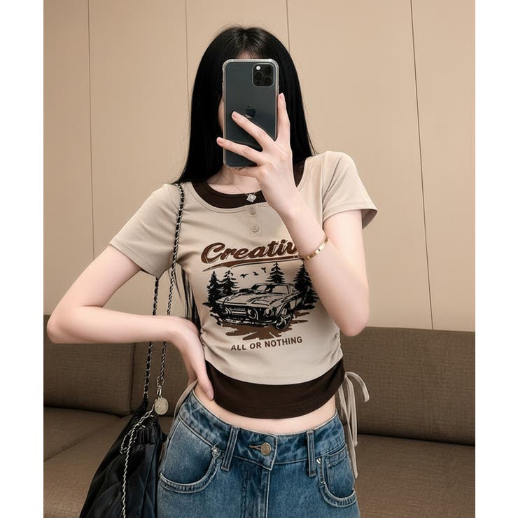 レイヤード風 ドロスト クロップド 半袖Tシャツ | VIVID LADY | 詳細画像8 