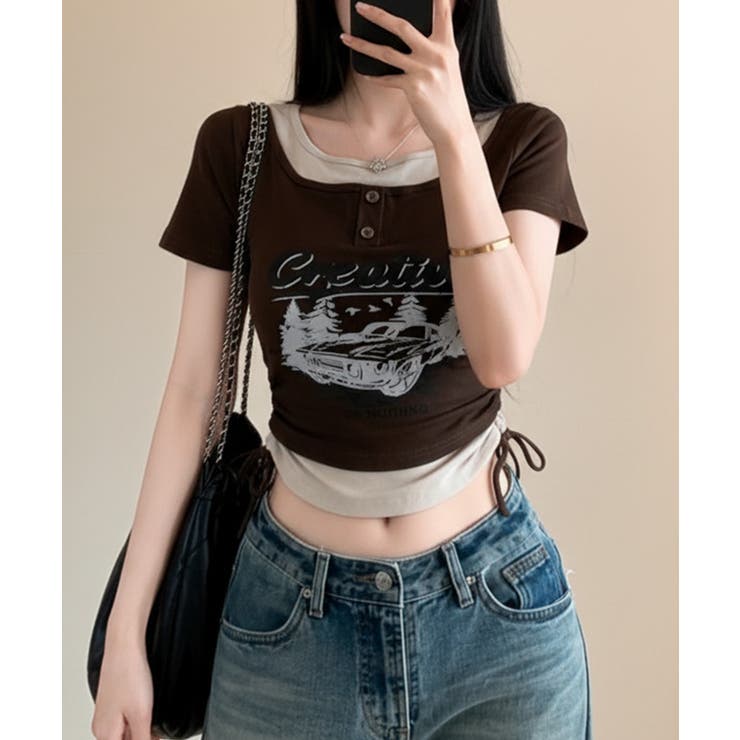 レイヤード風 ドロスト クロップド 半袖Tシャツ | VIVID LADY | 詳細画像12 