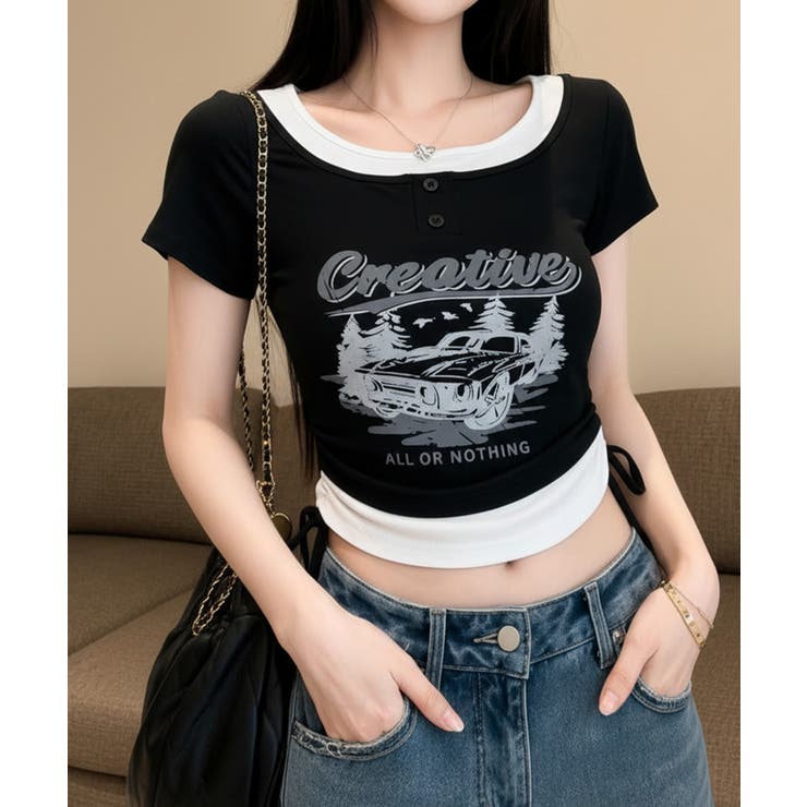 レイヤード風 ドロスト クロップド 半袖Tシャツ | VIVID LADY | 詳細画像17 
