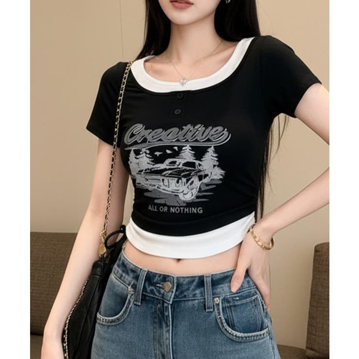 レイヤード風 ドロスト クロップド 半袖Tシャツ | VIVID LADY | 詳細画像18 