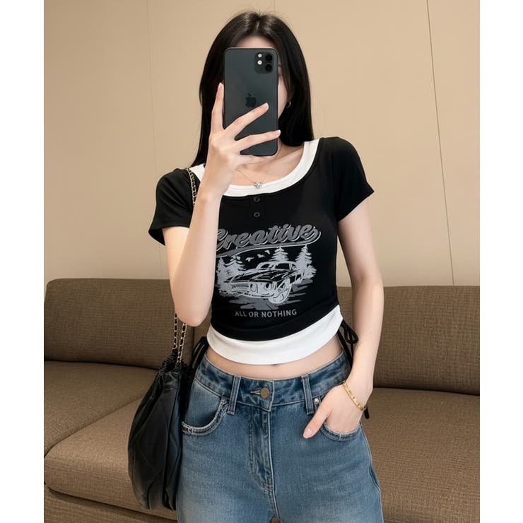 レイヤード風 ドロスト クロップド 半袖Tシャツ | VIVID LADY | 詳細画像19 