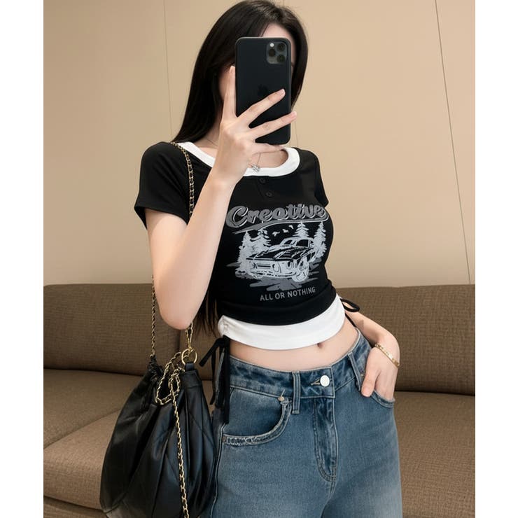 レイヤード風 ドロスト クロップド 半袖Tシャツ | VIVID LADY | 詳細画像20 