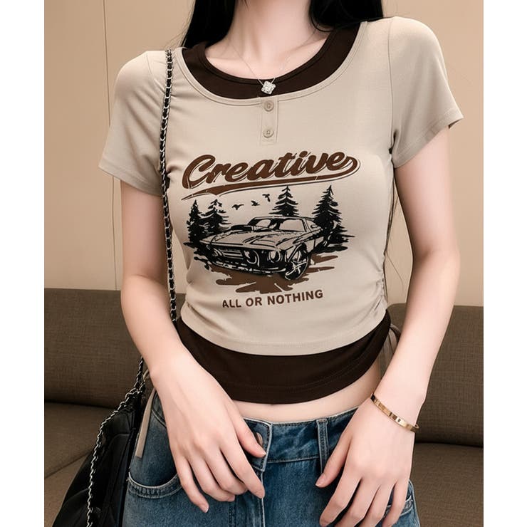 ベージュ | レイヤード風 ドロスト クロップド 半袖Tシャツ | VIVID LADY