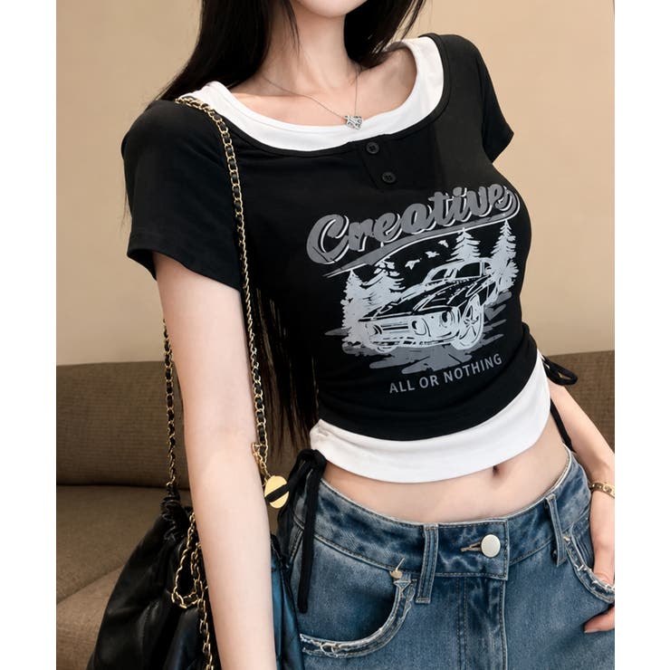 ブラック | レイヤード風 ドロスト クロップド 半袖Tシャツ | VIVID LADY