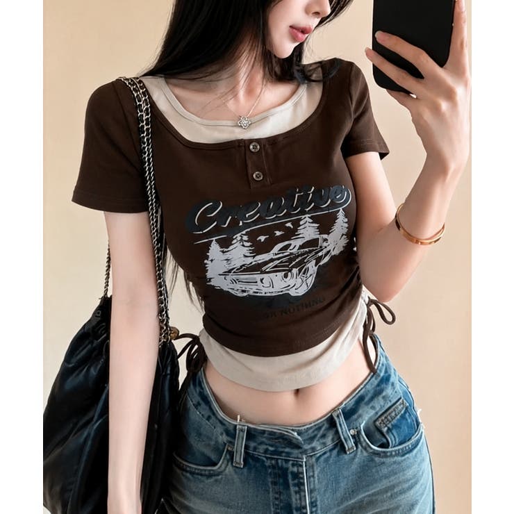 ブラウン | レイヤード風 ドロスト クロップド 半袖Tシャツ | VIVID LADY